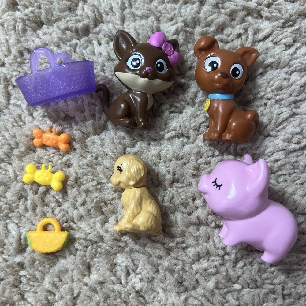 Barbie Pets Lot - Brown Dog, Cat, Pig & Golden Retriever Accessories by Mattel
